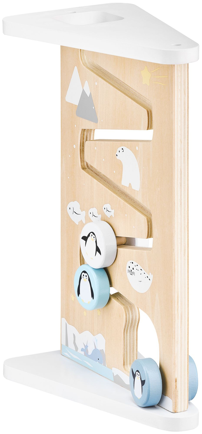 Tablero de manipulación sensorial de madera de doble cara.