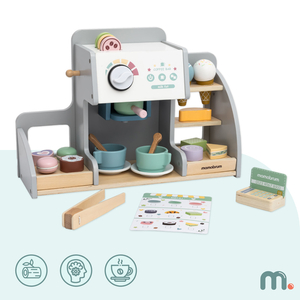 Una gran heladería de madera con pizarra magnética, cafetera y juego de helados y postres: ¡más de 70 piezas!