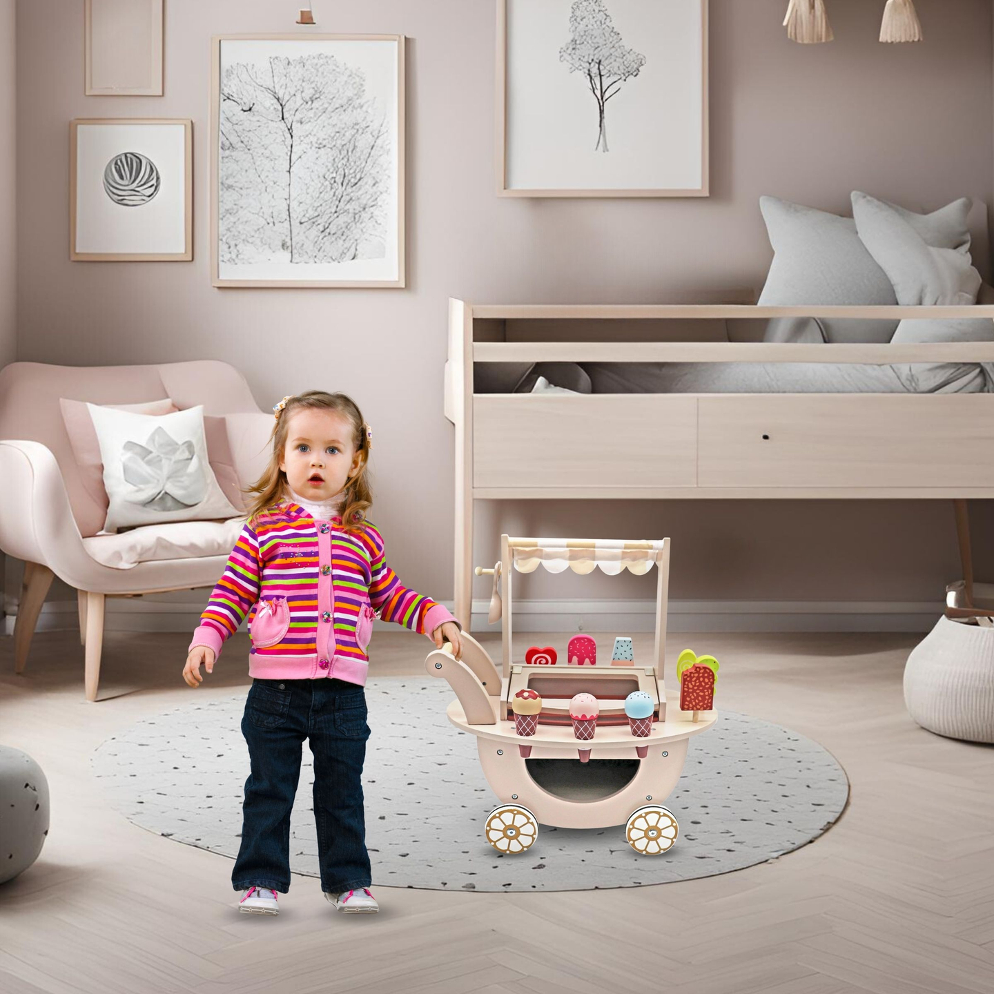 Heladería de madera para niños - carrito con ruedas con accesorios