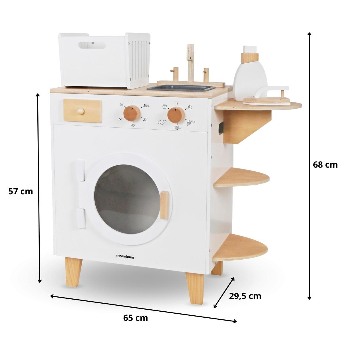Lavadora de madera con plancha, cesta y detergente líquido