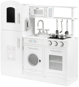 Grandes accesorios de cocina blancos de madera y delantal.