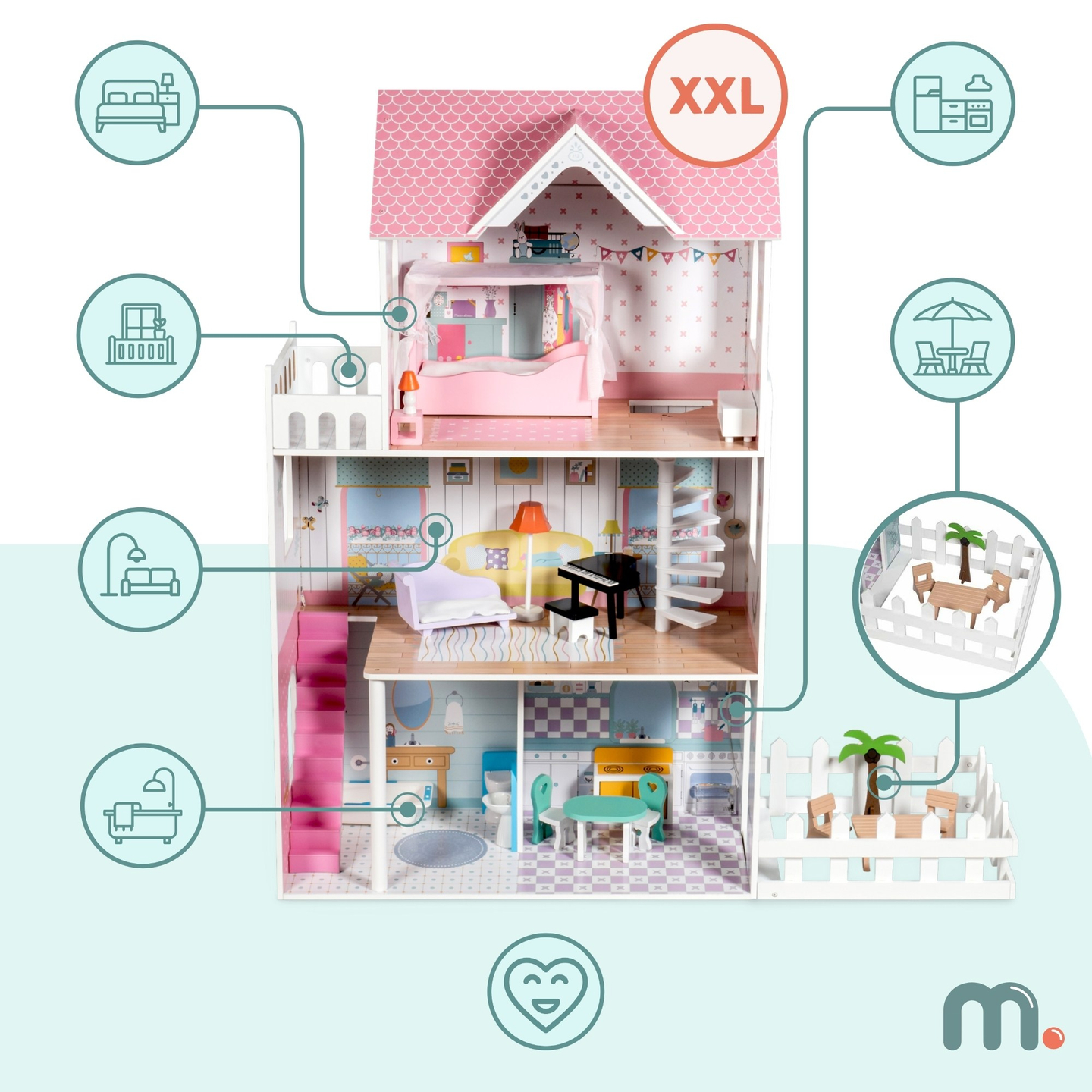 XXL La casa de muñecas de madera más grande - 123 cm - iluminada por LED - terraza, accesorios, jardín