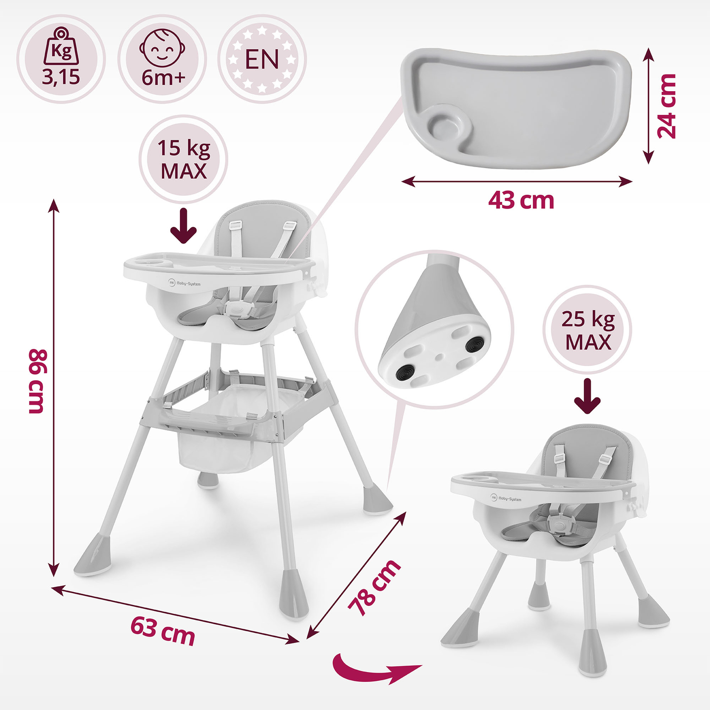 Moby-System Magnolia Trona 2 en 1 ajustable - gris