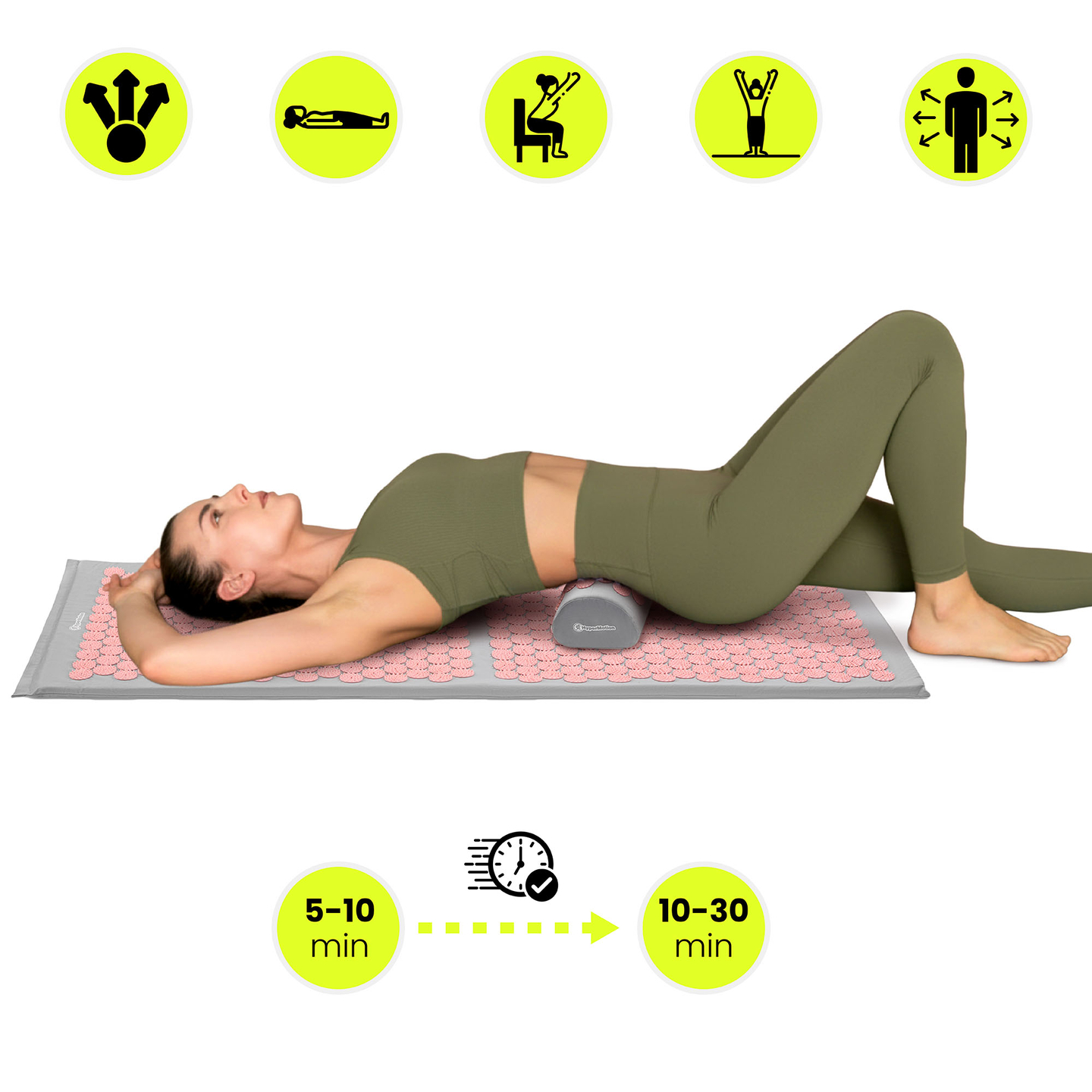 Esterilla de acupresión grande con almohada y funda - 130 cm HyperMotion gris y rosa