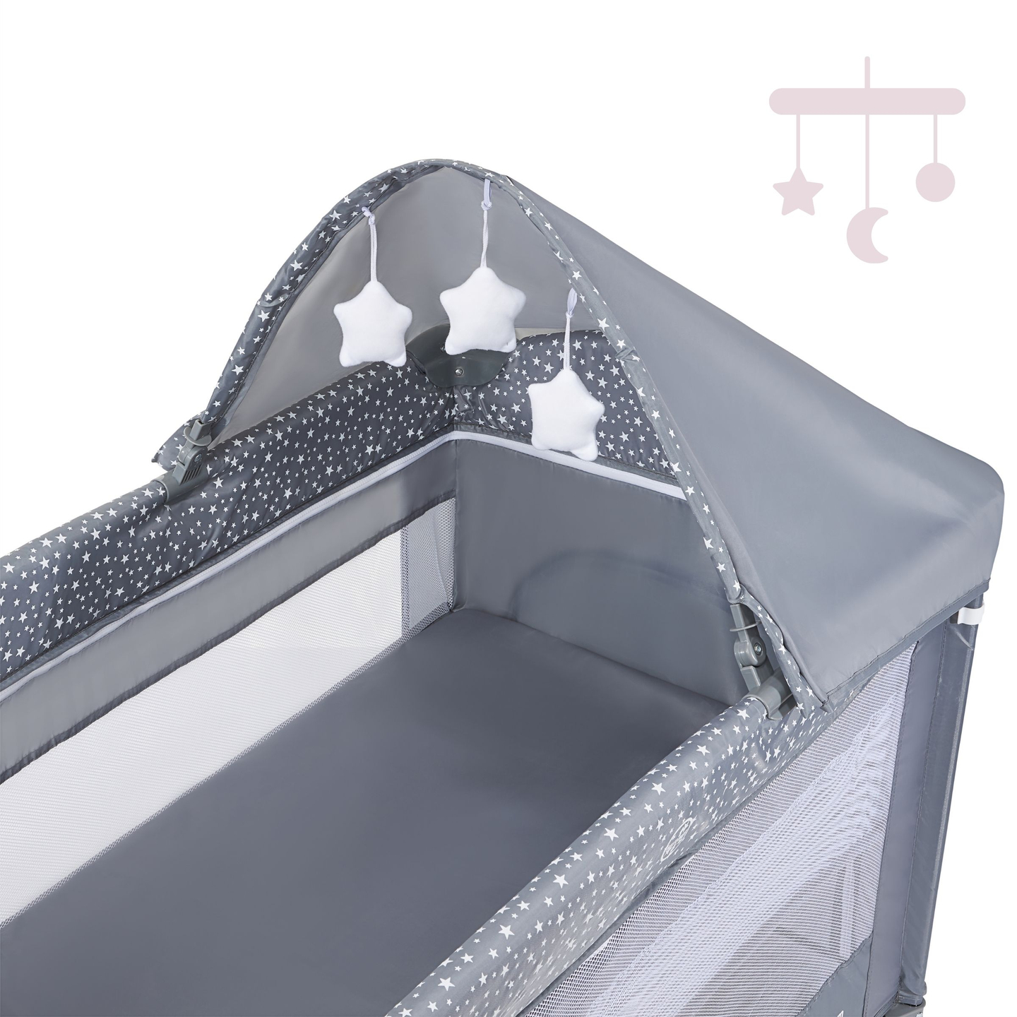 Cuna de viaje / parque infantil 2 niveles con cambiador, techo y colchón Happy Traveler BASIC PLUS - gris