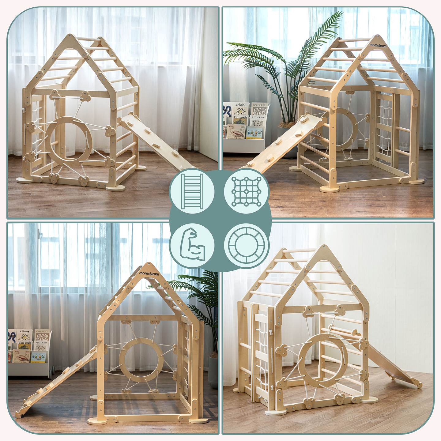 Parque infantil interior de madera: una casa con escaleras y tobogán.