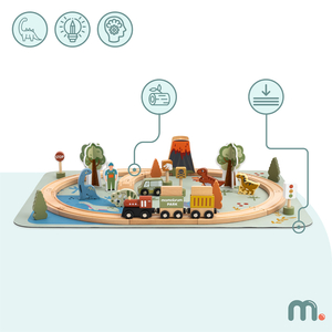 Tren de madera Dino Park con alfombra antideslizante - dinosaurios, tren, vías, volcán, campana