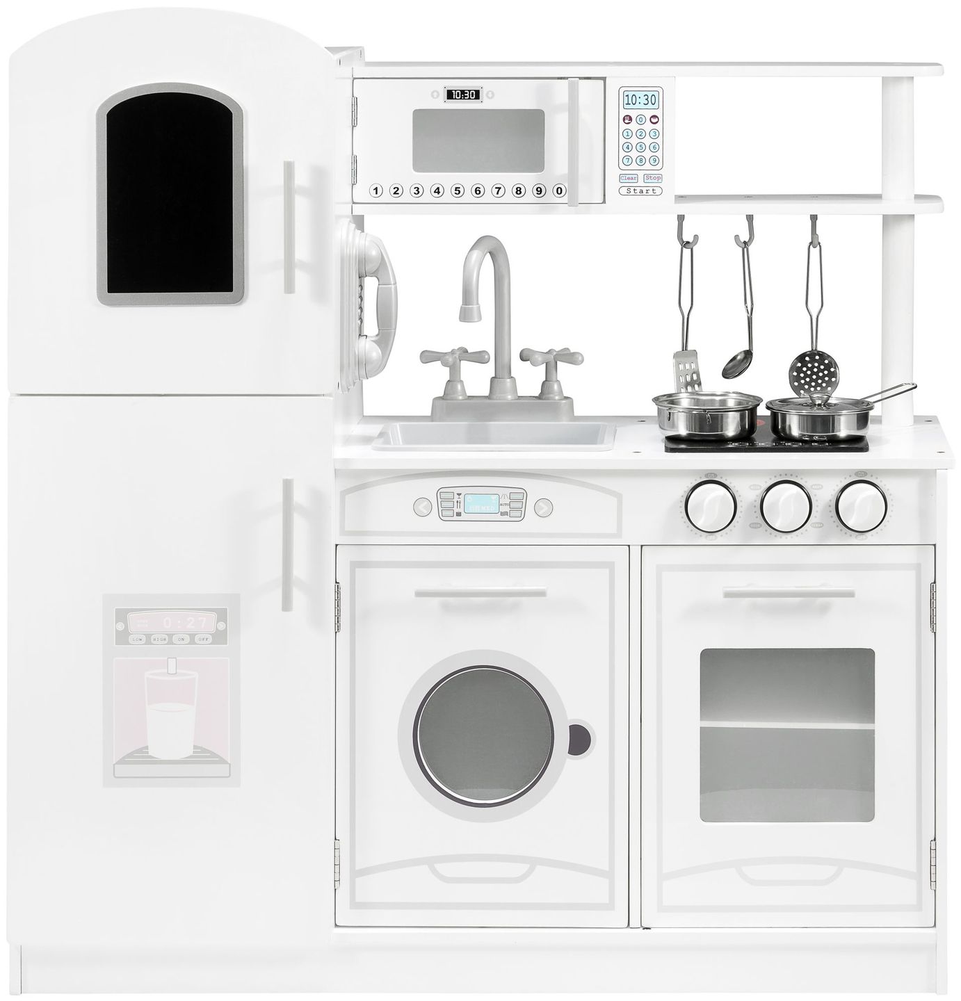 Grandes accesorios de cocina blancos de madera y delantal.