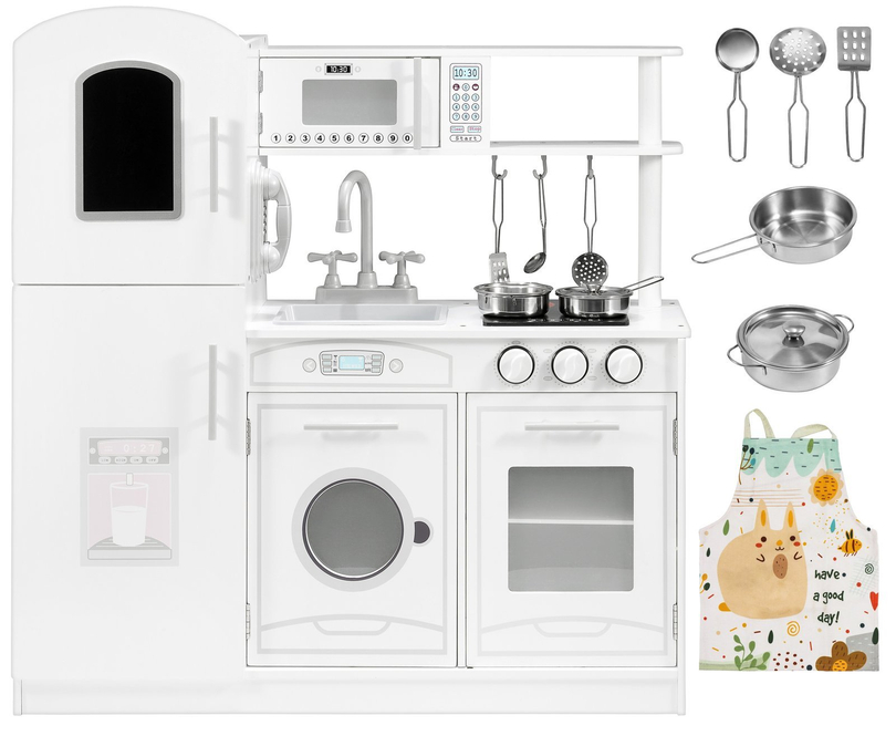Grandes accesorios de cocina blancos de madera y delantal.