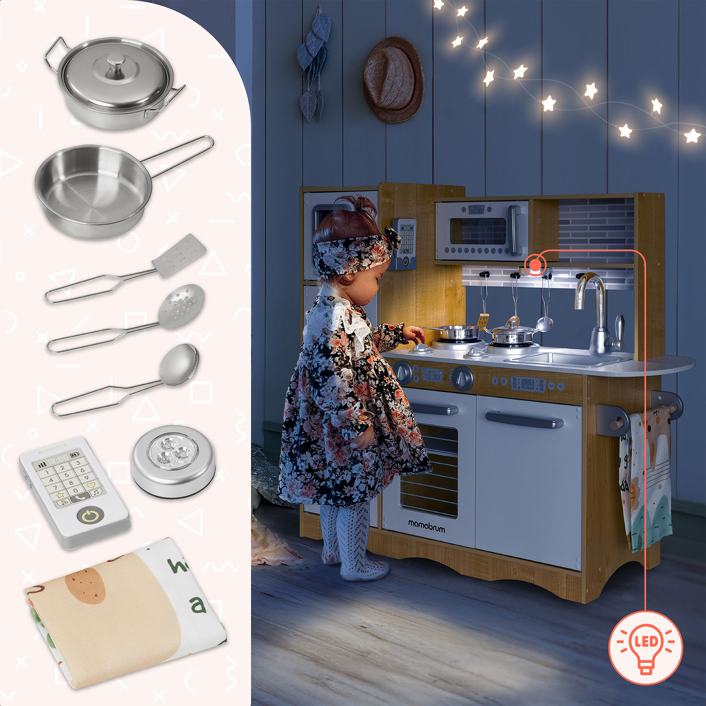 Cocina XXL de madera con iluminación LED, delantal y accesorios.