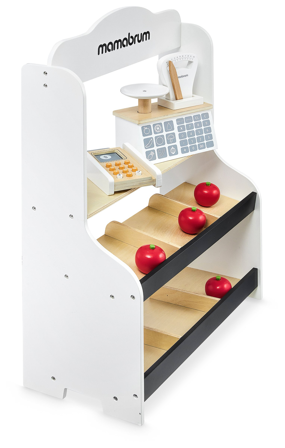 Minimercado: una tienda con báscula, terminal, tarjeta de pago y fruta.