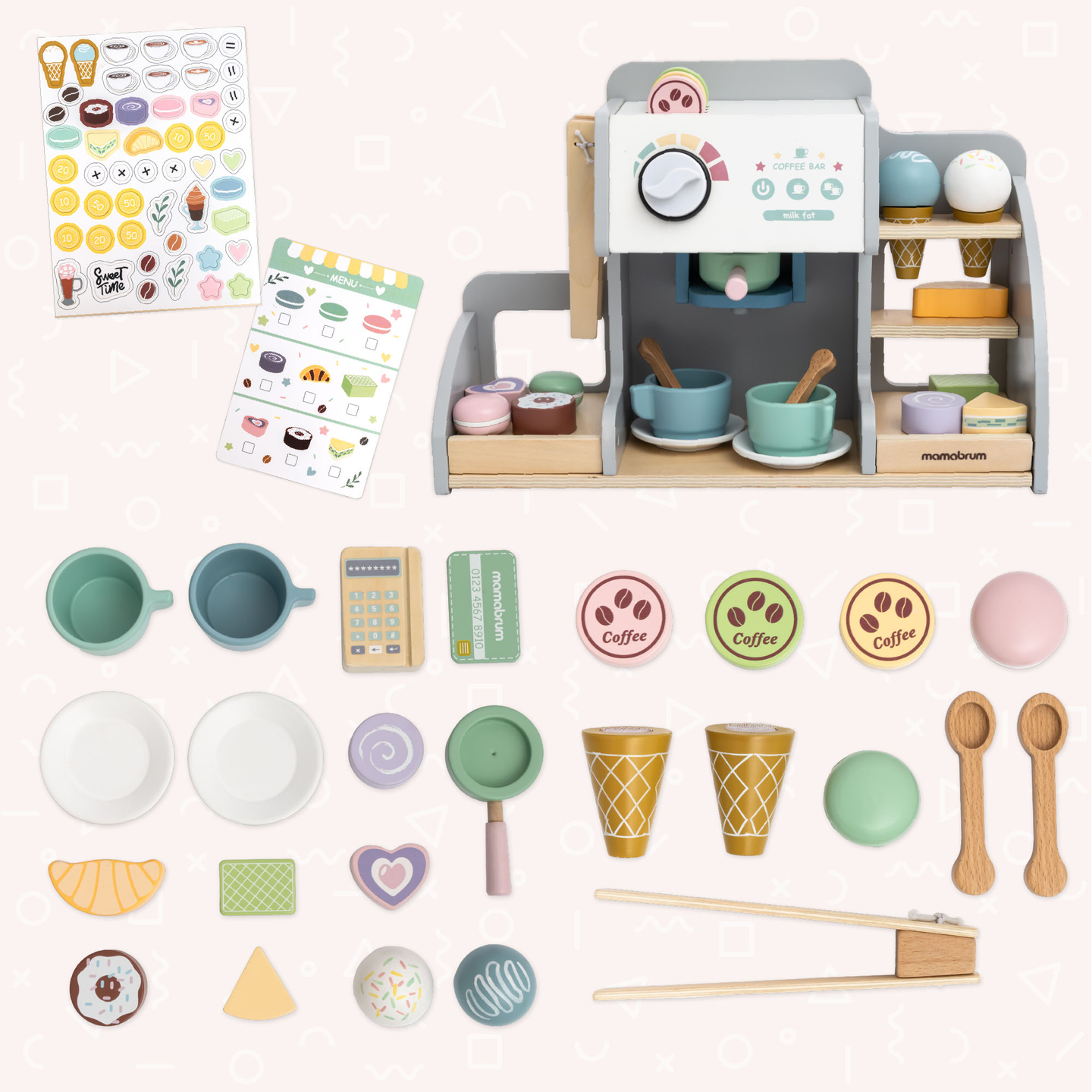 Una gran heladería de madera con pizarra magnética, cafetera y juego de helados y postres: ¡más de 70 piezas!