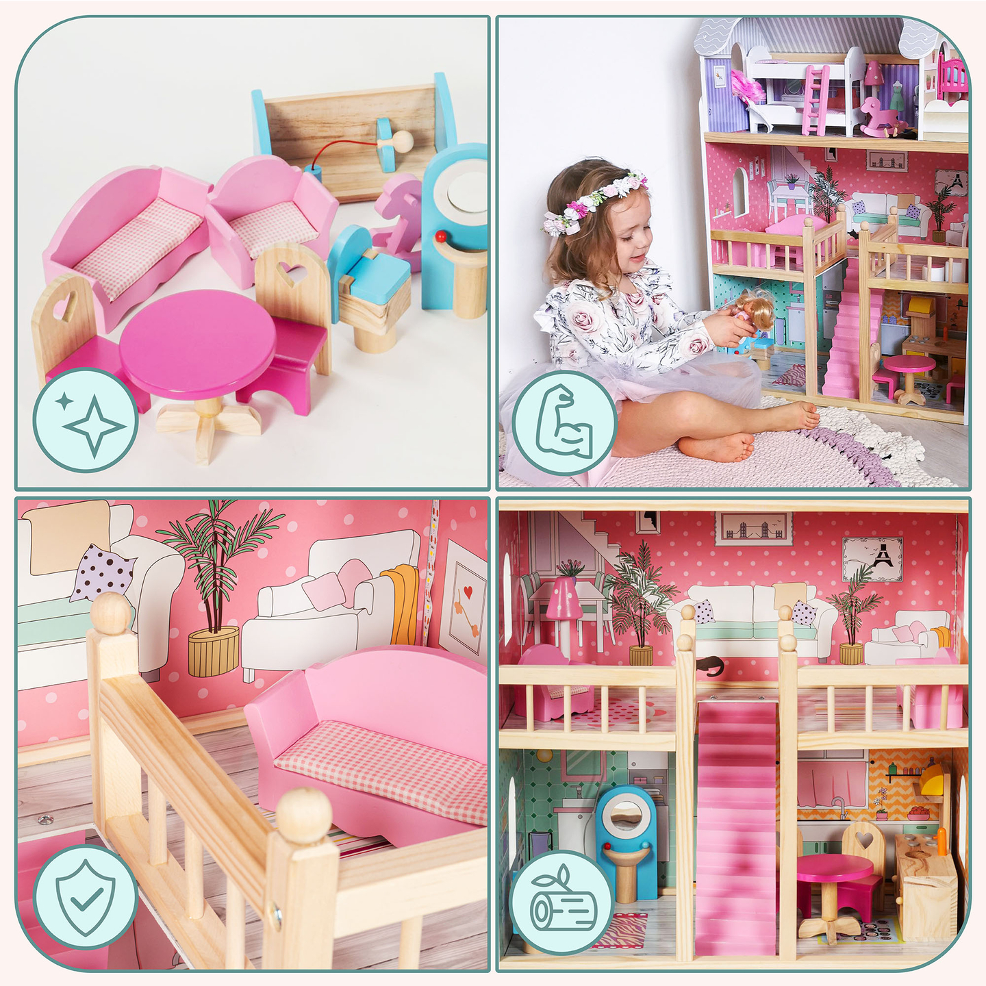 ¡Gran casa de muñecas de madera de 3 pisos con terraza, juego de muebles e iluminación LED!