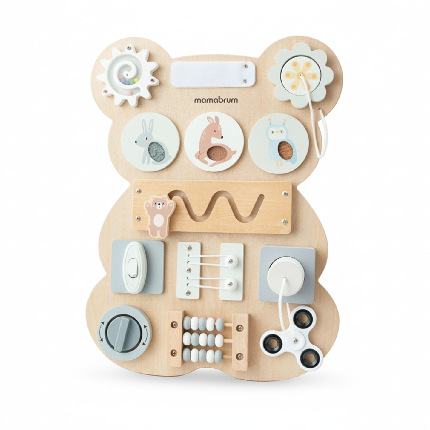 Tablero manipulativo de madera Montessori con forma de osito de peluche: aprendizaje sensorial de la independencia: velcro, enchufe, laberinto, botón de clic