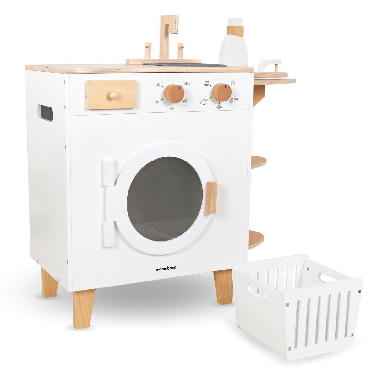 Lavadora de madera con plancha, cesta y detergente líquido