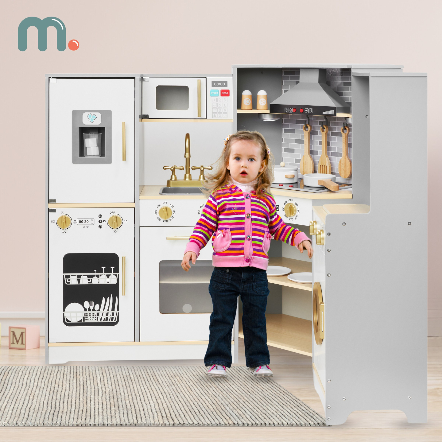 Cocina interactiva de madera XXXL con iluminación LED, campana y accesorios