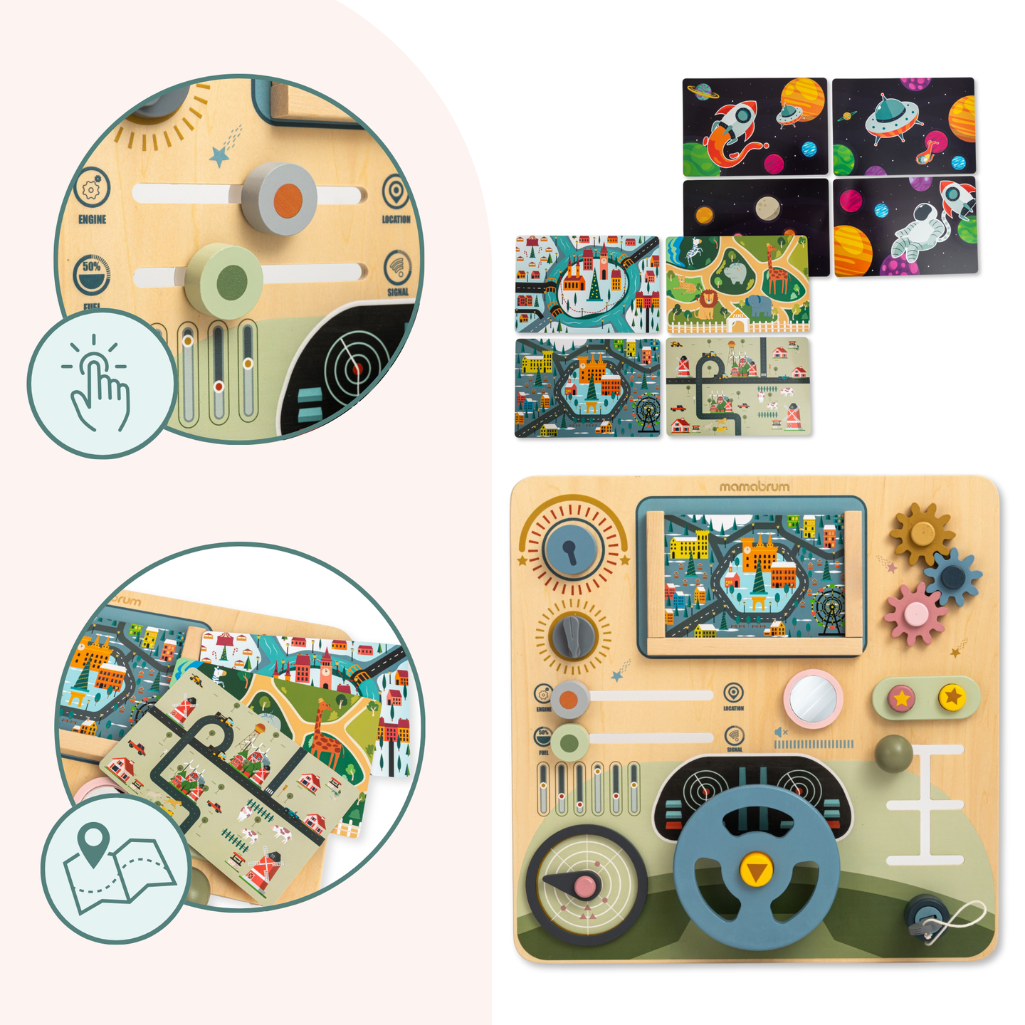 Tablero Montessori de madera 2 en 1 para el pequeño conductor y piloto: volante, palanca de cambios, mapas de viaje, radar