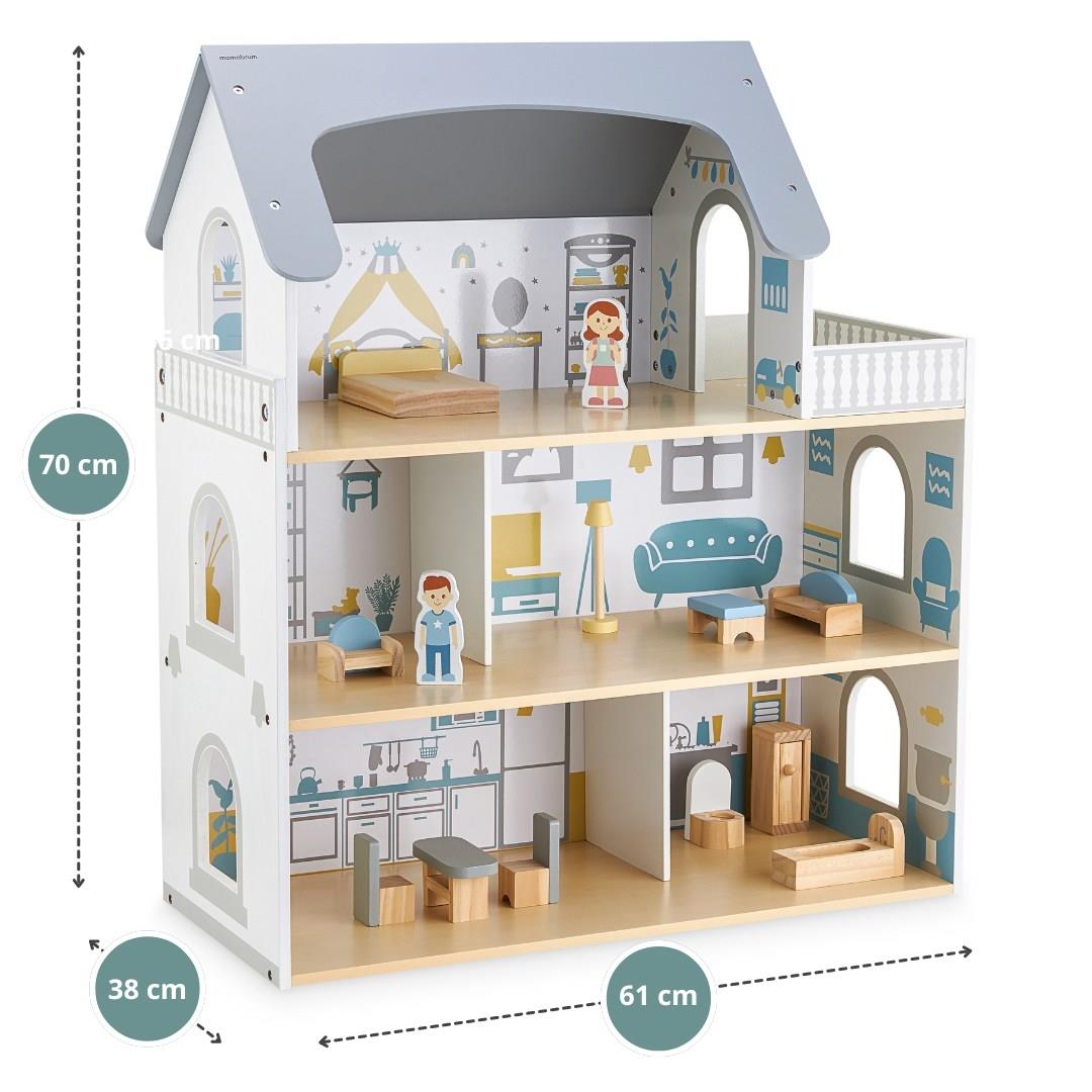 Casa de muñecas de madera blanca con terraza y accesorios