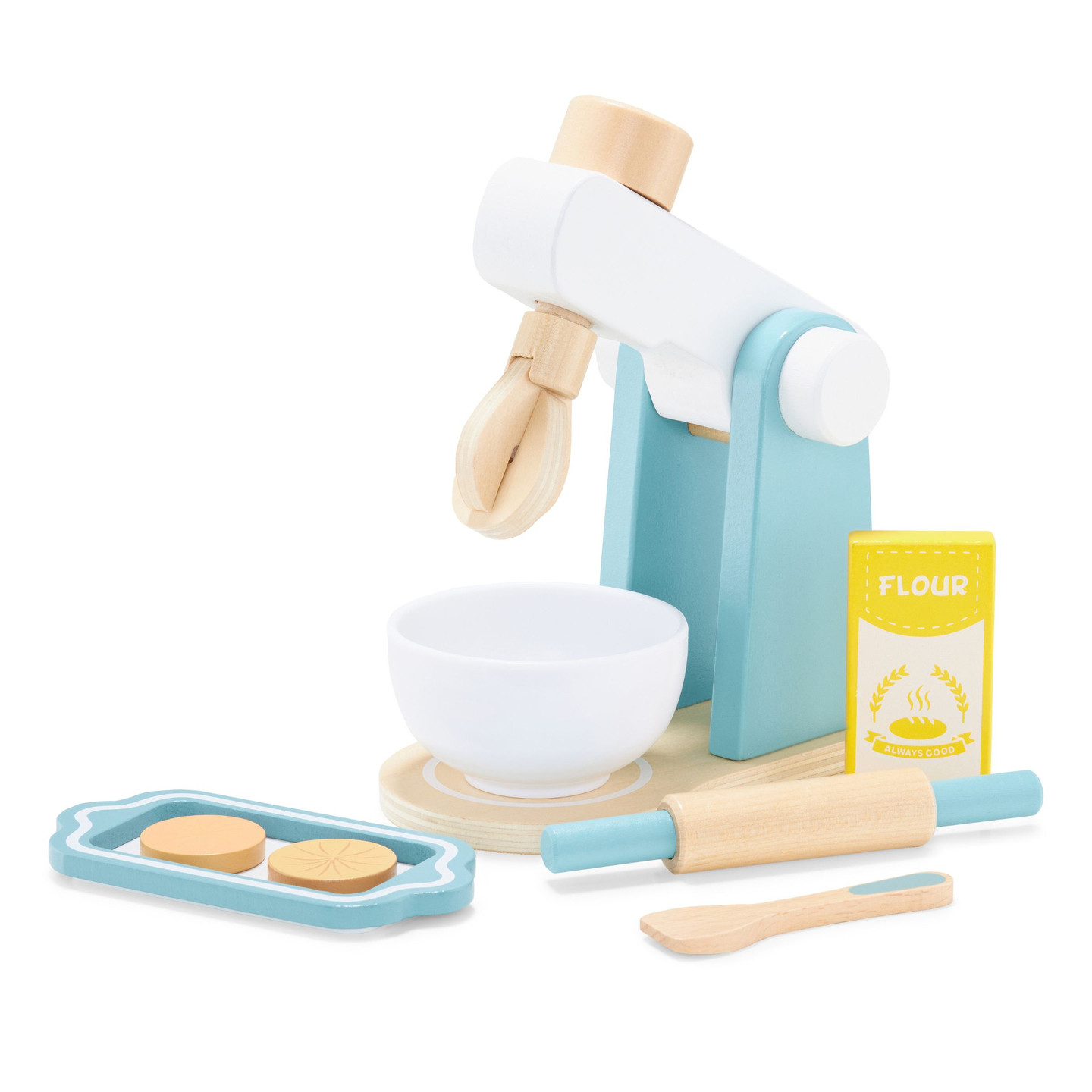 Batidora de madera con accesorios.