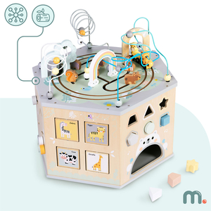 Cubo educativo de madera grande: un juguete Montessori con tren magnético y bucles de motor