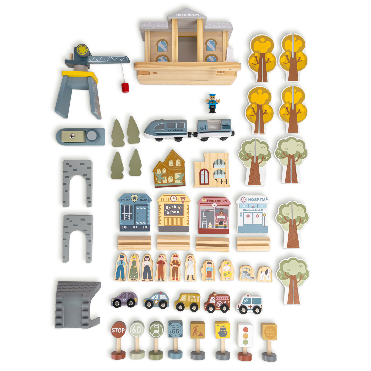 Ferrocarril urbano de madera con tren eléctrico: grúa móvil, barco, puentes