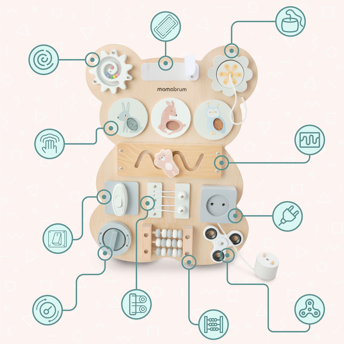 Tablero manipulativo de madera Montessori con forma de osito de peluche: aprendizaje sensorial de la independencia: velcro, enchufe, laberinto, botón de clic