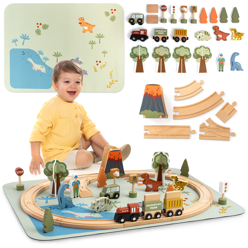 Tren de madera Dino Park con alfombra antideslizante - dinosaurios, tren, vías, volcán, campana