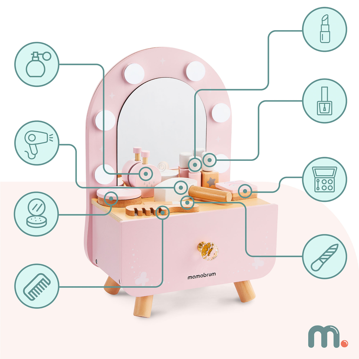 Mini tocador de madera para niños con accesorios e iluminación LED con ajuste suave de brillo.