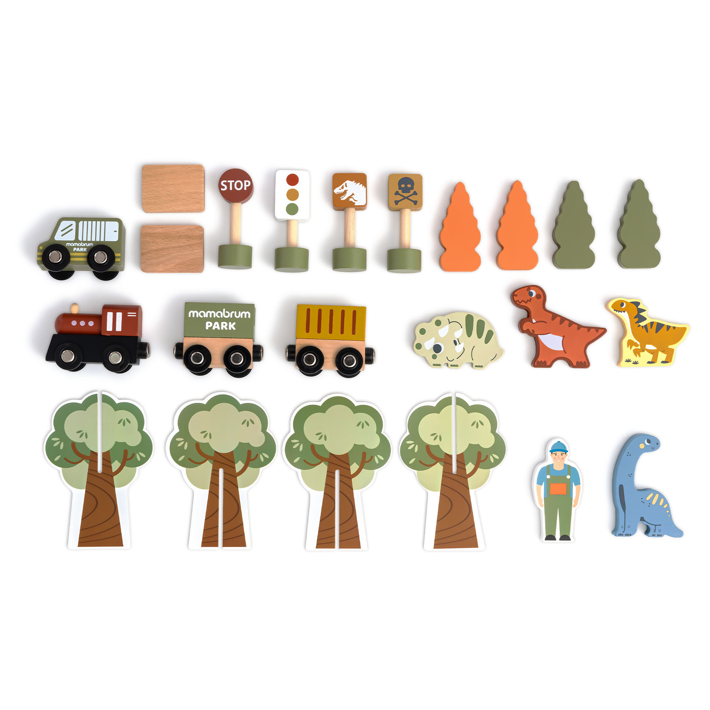 Tren de madera Dino Park con alfombra antideslizante - dinosaurios, tren, vías, volcán, campana