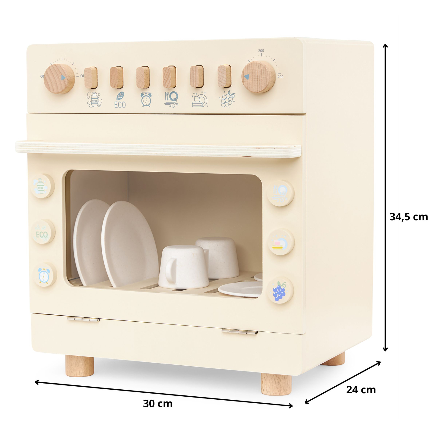 Lavavajillas de madera con accesorios.