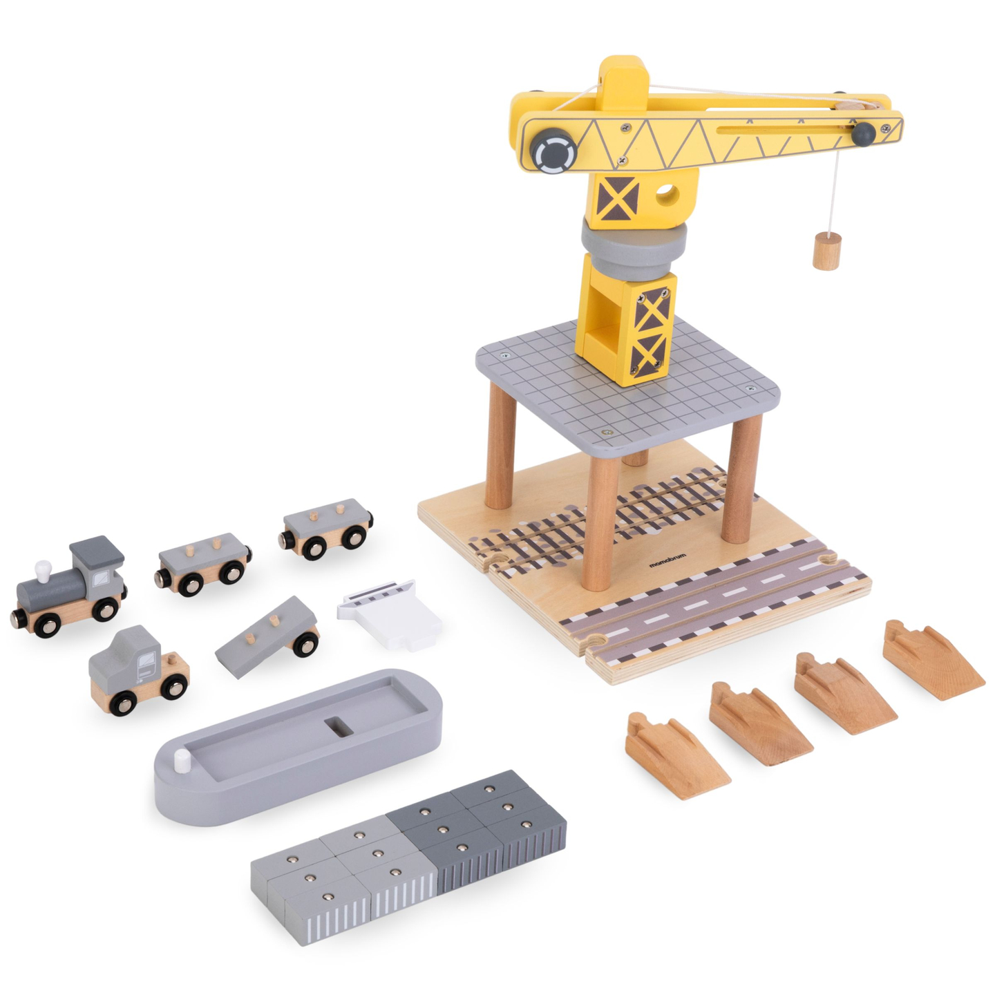 Grúa portuaria móvil con cabrestante magnético y accesorios - set de madera