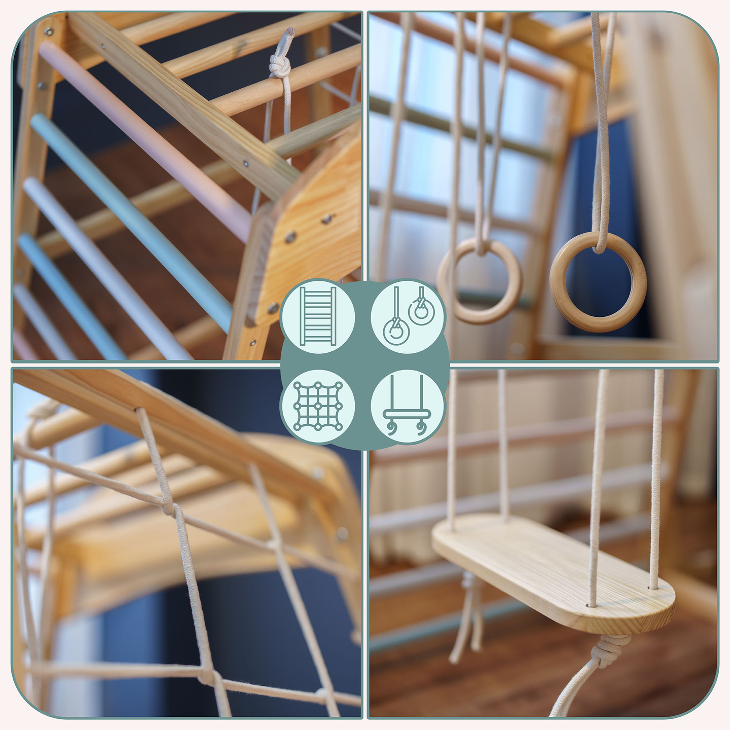 Parque infantil interior de madera con columpio, anillos de gimnasia y red de escalada.