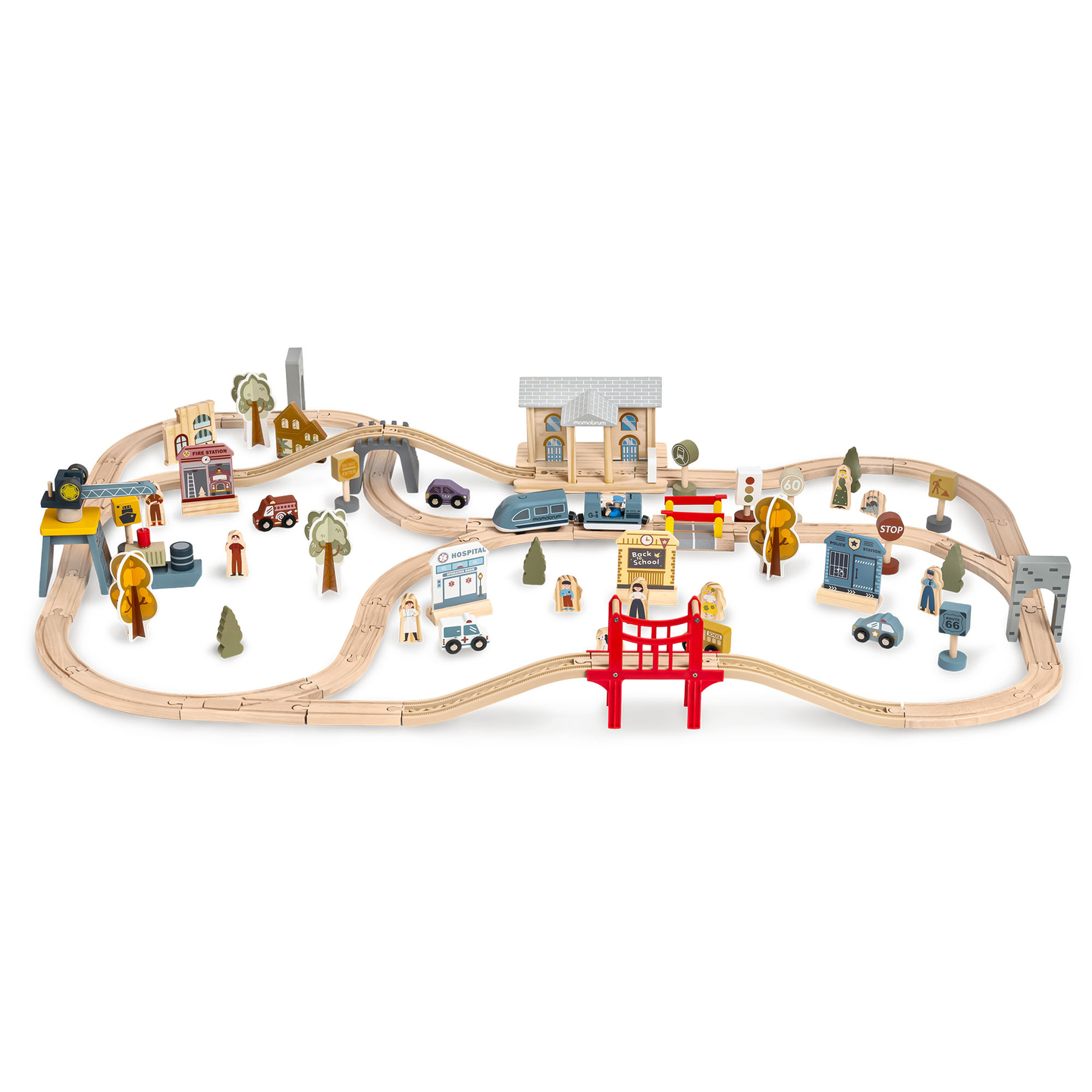 Ferrocarril urbano de madera con tren eléctrico: grúa móvil, barco, puentes