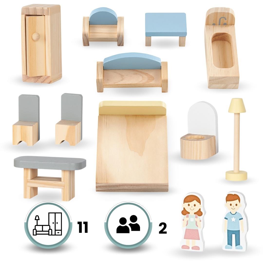 Casa de muñecas de madera blanca con terraza y accesorios