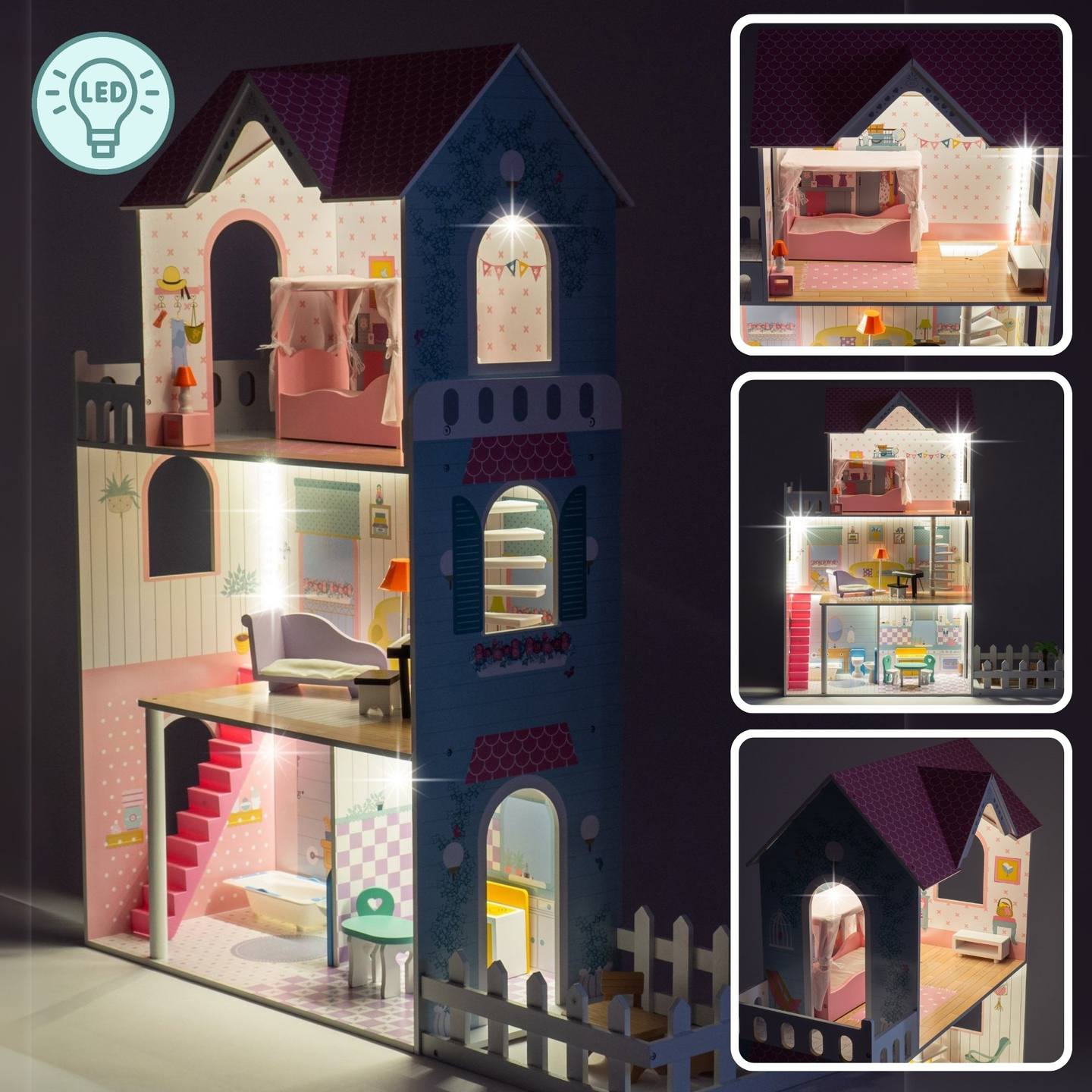 XXL La casa de muñecas de madera más grande - 123 cm - iluminada por LED - terraza, accesorios, jardín