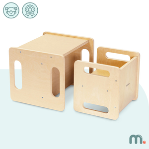 Mesa y silla de madera con función de trampolín: un conjunto Montessori multifuncional para niños