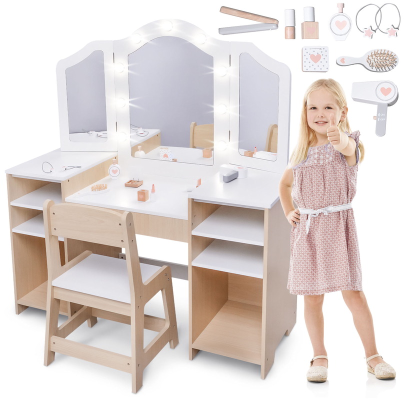 Tocador infantil de madera con silla, accesorios e iluminación LED