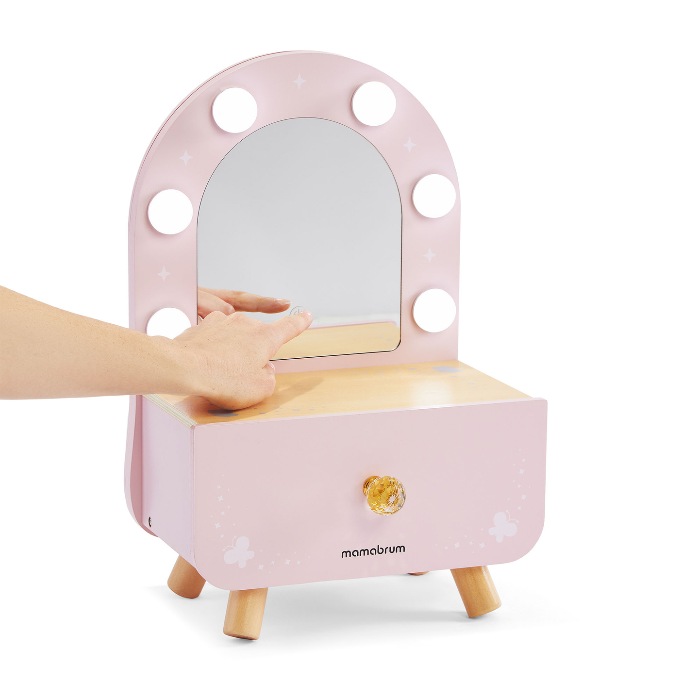 Mini tocador de madera para niños con accesorios e iluminación LED con ajuste suave de brillo.