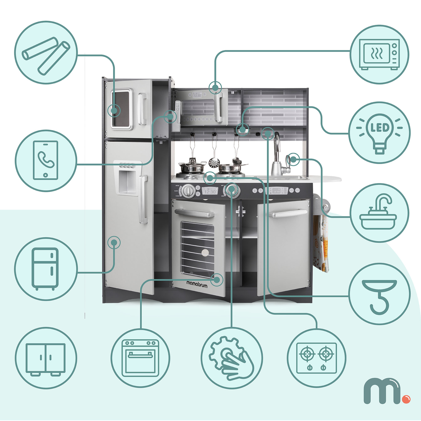 Cocina XXL de madera con iluminación LED, delantal y accesorios.