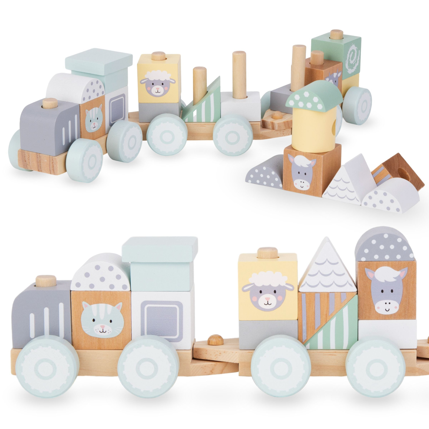 Tren de madera con bloques para niño - Granja