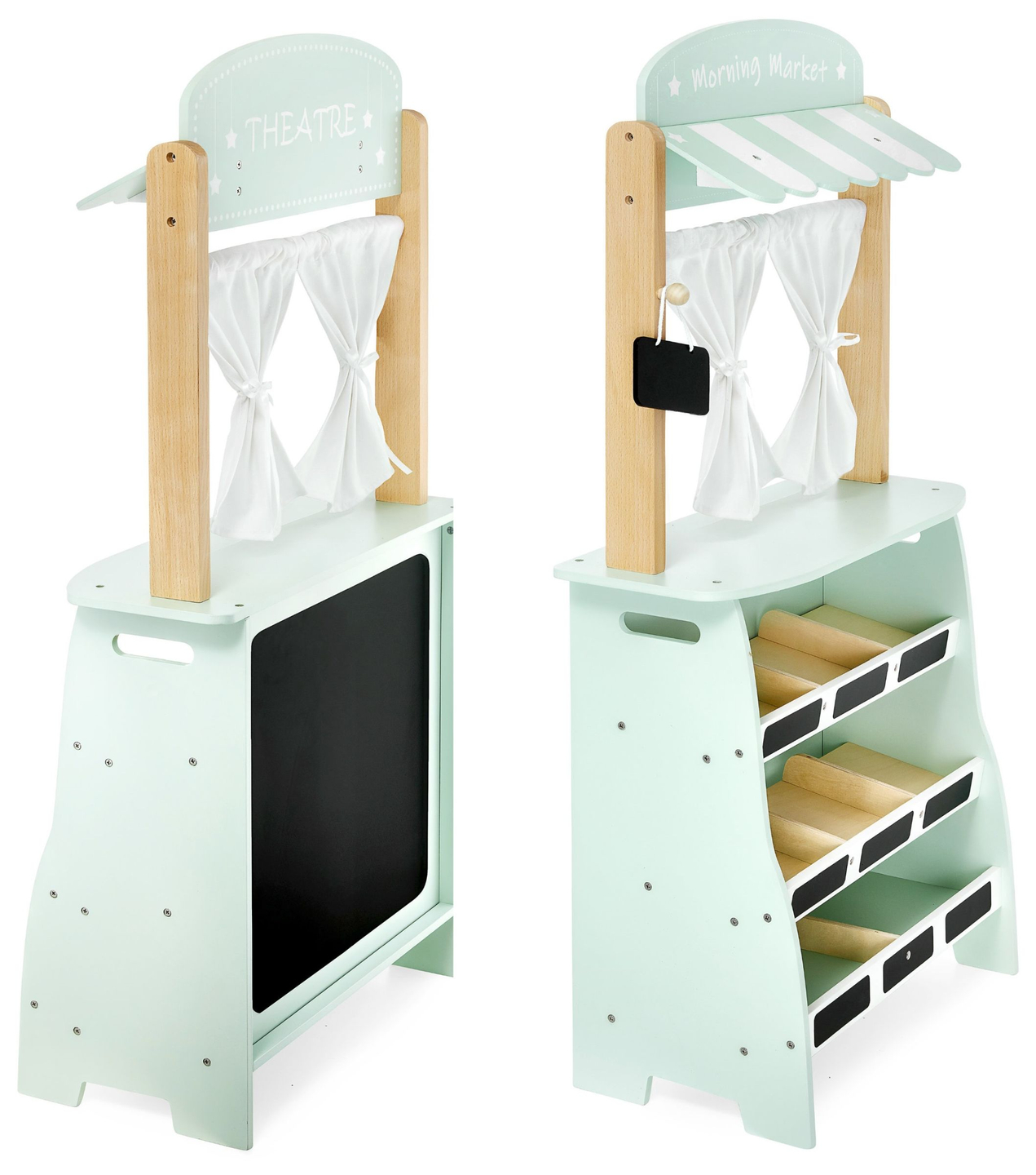 Gran tienda de madera - puesto y teatro 2en1 con báscula, terminal de pago, verduras y frutas