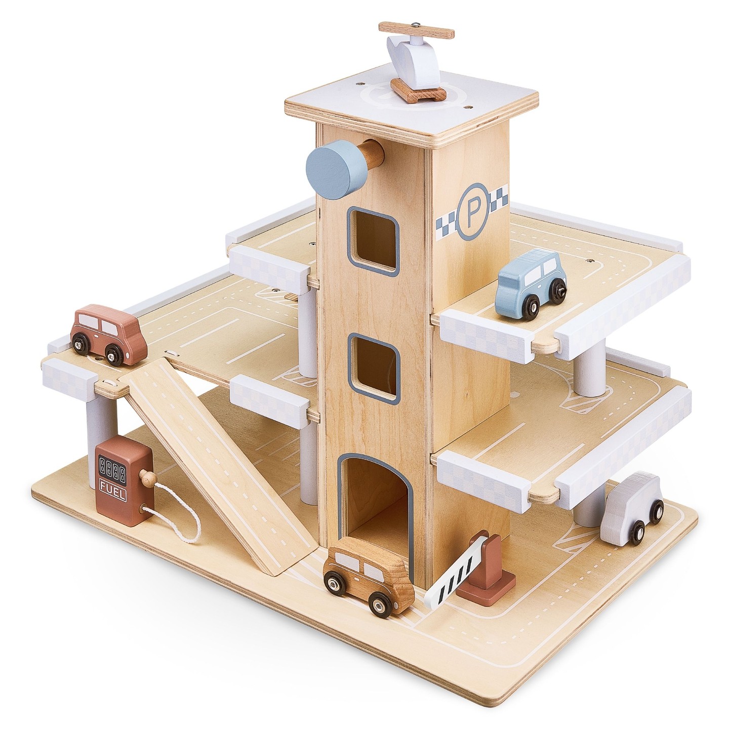 Estacionamiento de madera de tres niveles con ascensor - garaje para autos y helicóptero