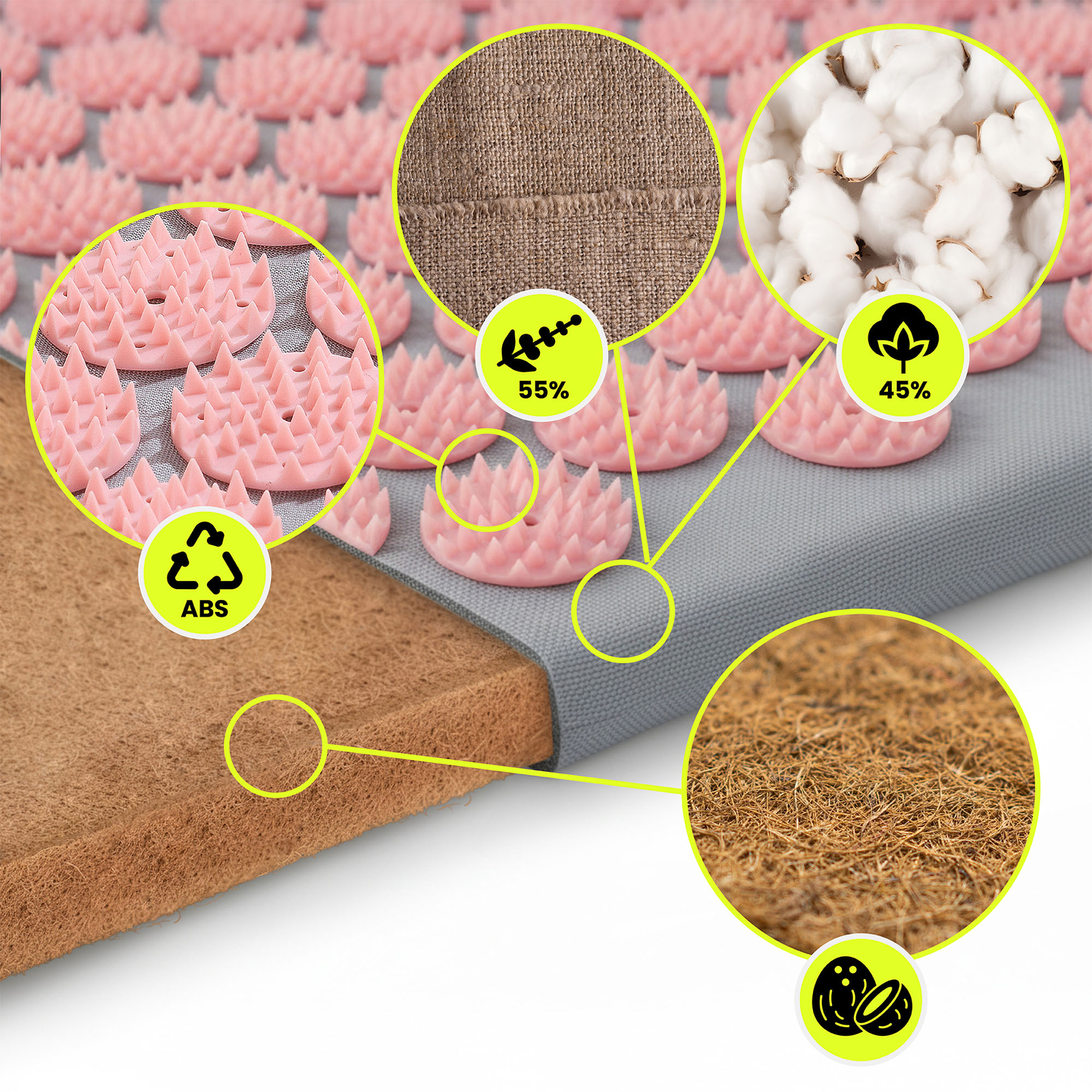 Esterilla de acupresión de lino ecológico con fibra de coco y cojín de trigo sarraceno – 68 cm HyperMotion gris y rosa