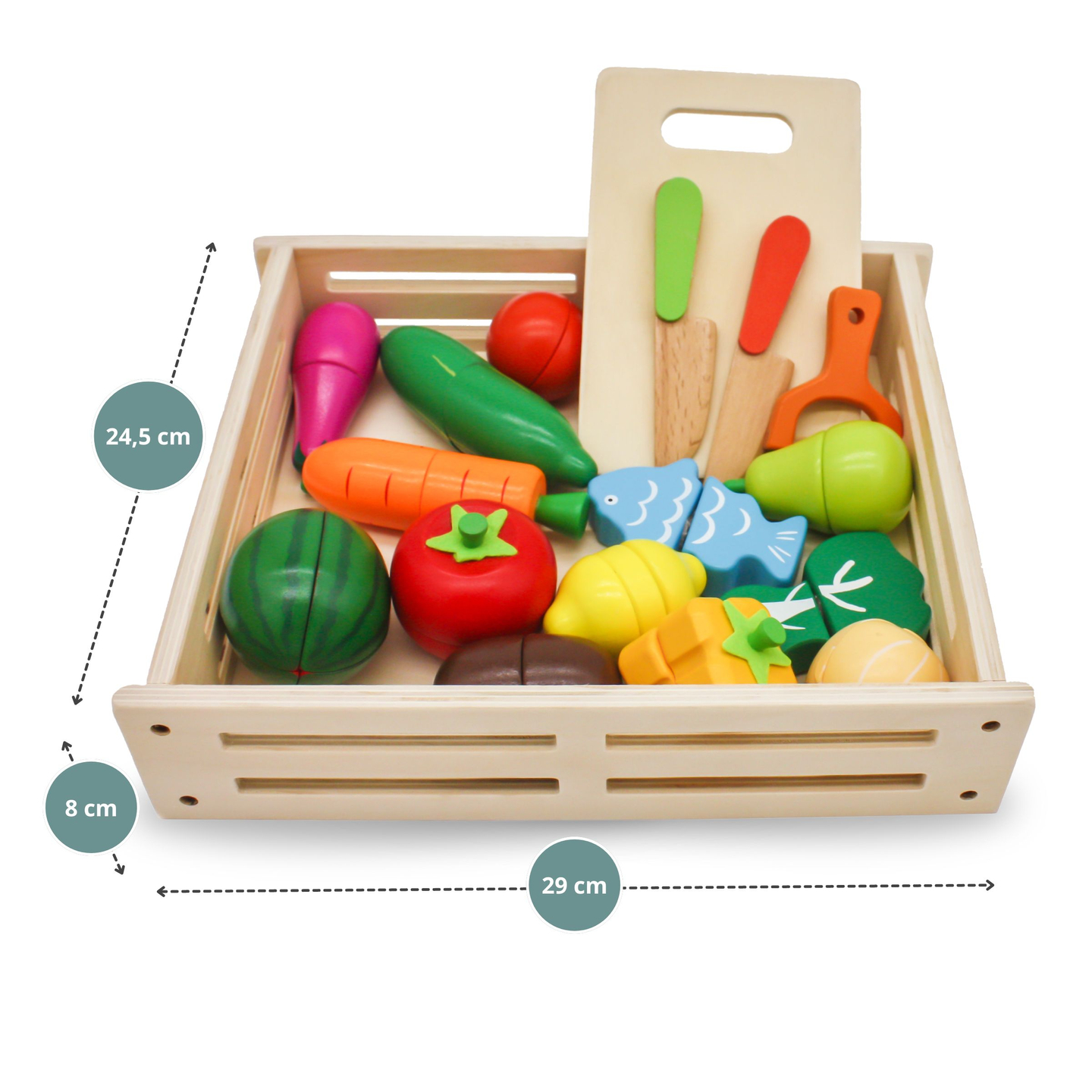 Frutas y verduras de madera para cortar.