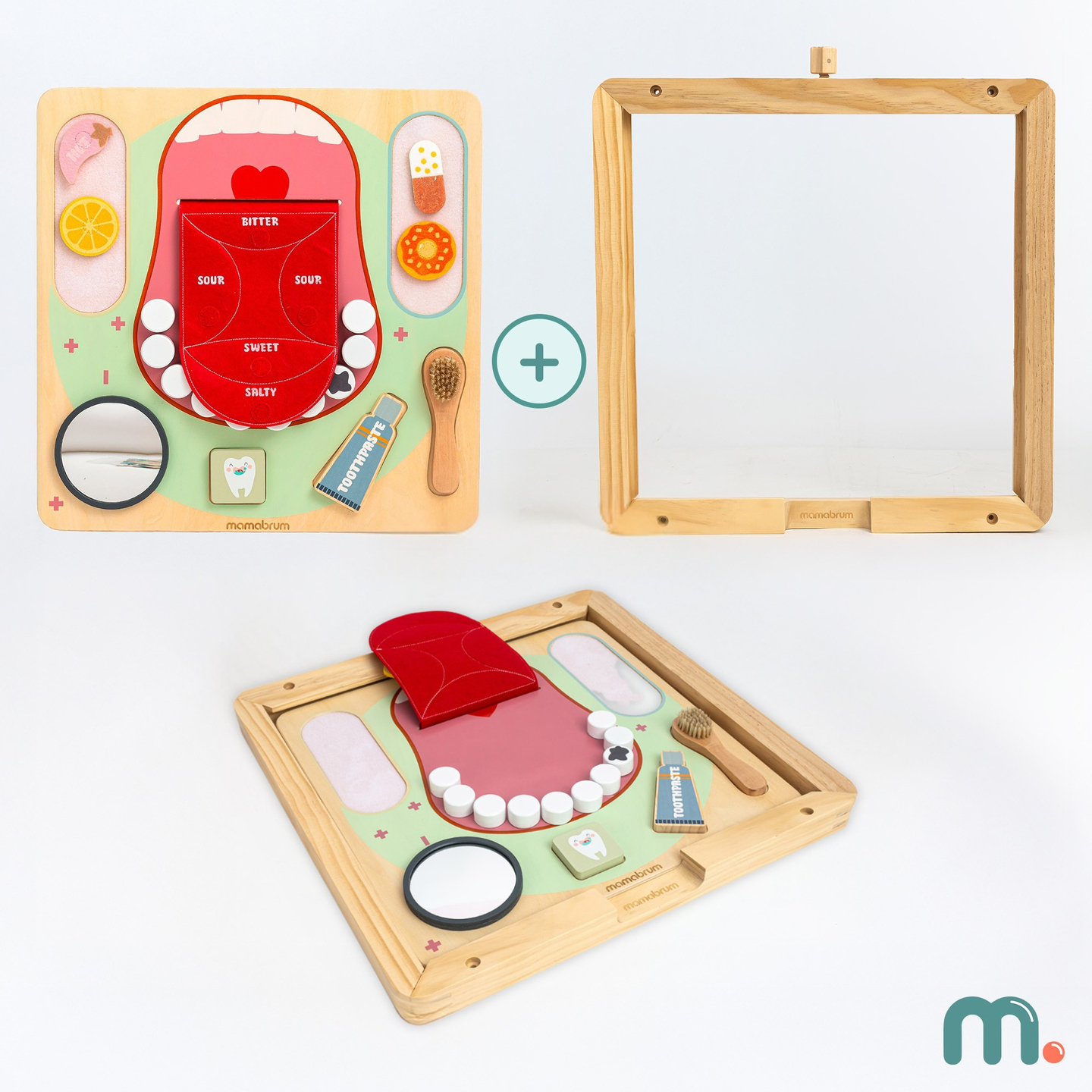 Tablero educativo Montessori de madera Pequeño Dentista: cepillo de dientes, pasta, dientes extraíbles, espejo, comida, sabores de aprendizaje