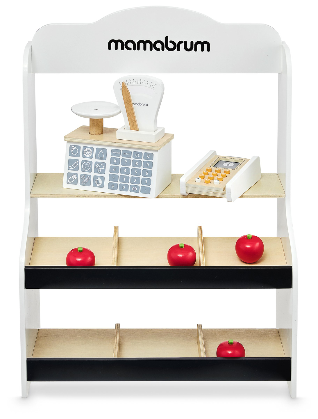 Minimercado: una tienda con báscula, terminal, tarjeta de pago y fruta.