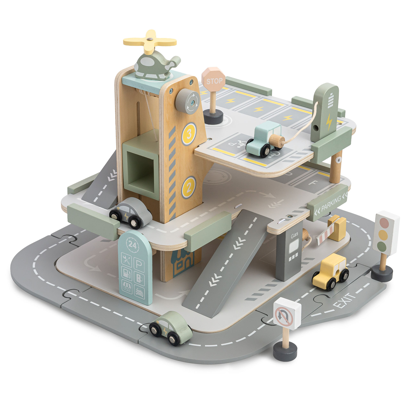 Garaje de madera de tres plantas para niños con accesorios: aparcamiento, gasolinera, lavadero de coches, helicóptero.