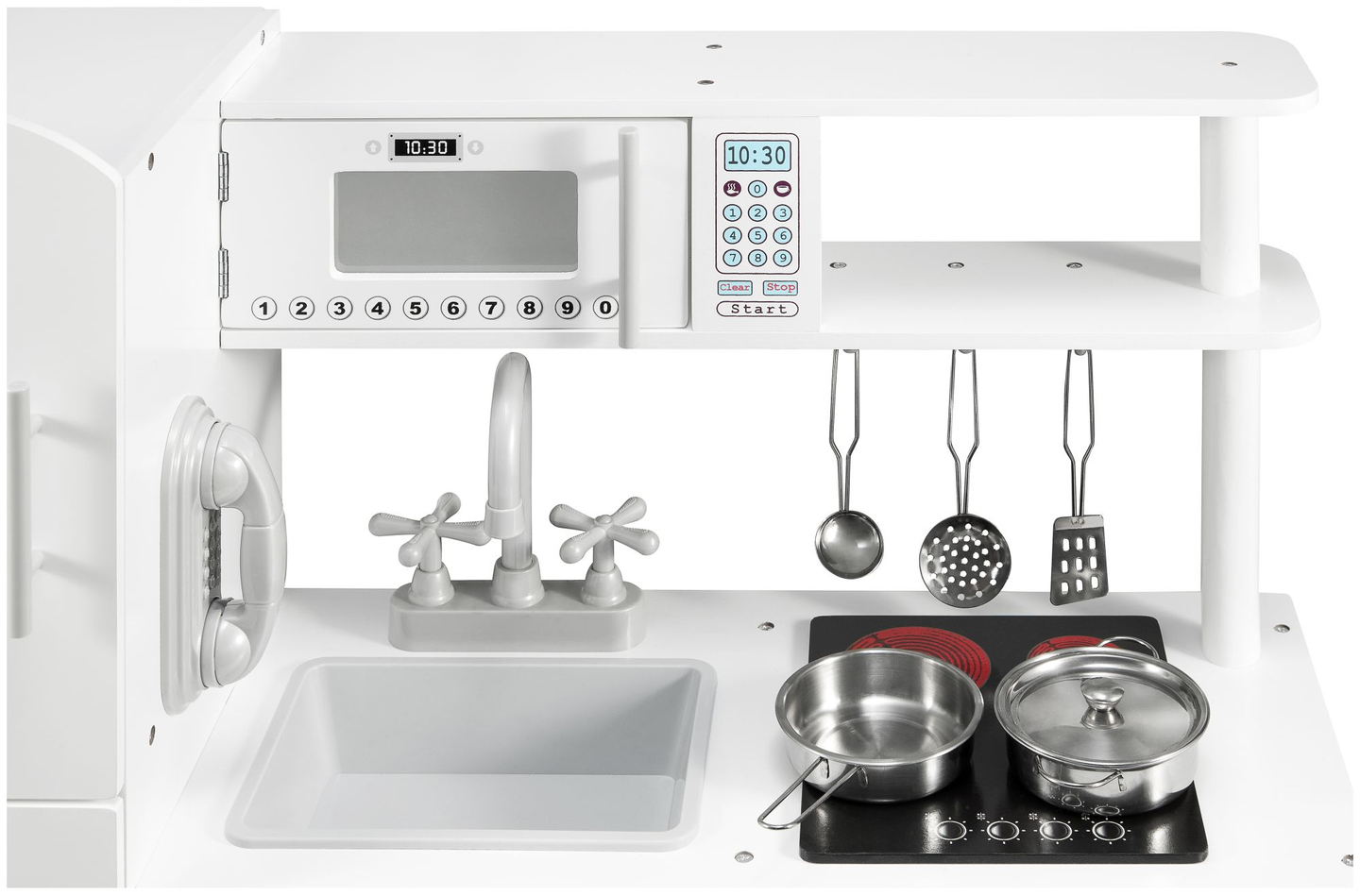 Grandes accesorios de cocina blancos de madera y delantal.