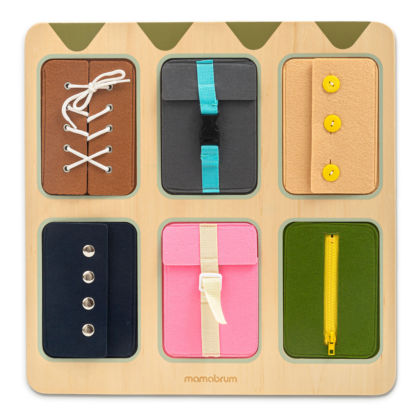 Tablero manipulativo Montessori de madera: Aprendizaje sensorial de la independencia - cordones, hebillas, botones, broches, cremallera