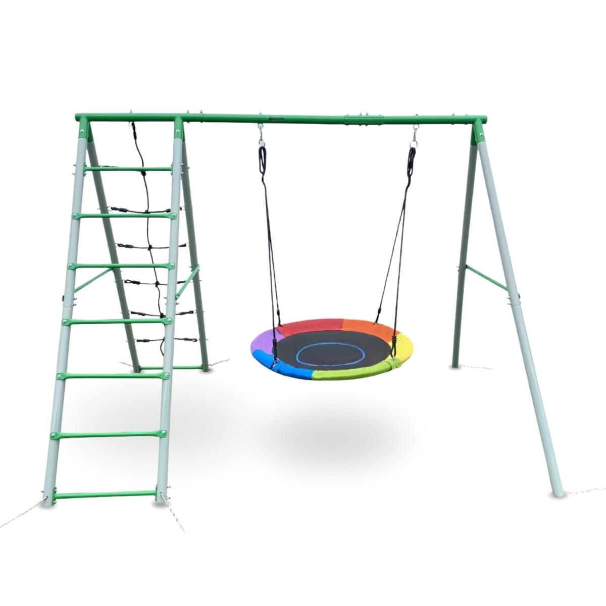 Parque infantil de jardín XL para niños con columpio tipo nido de cigüeña, escalera y red para trepar